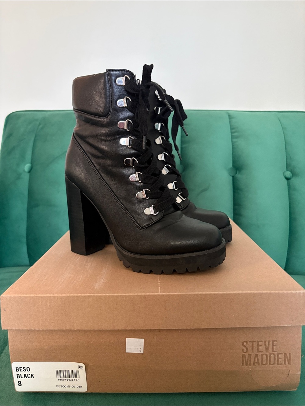 Steve Madden Black Lace-Up Block Heel Boots